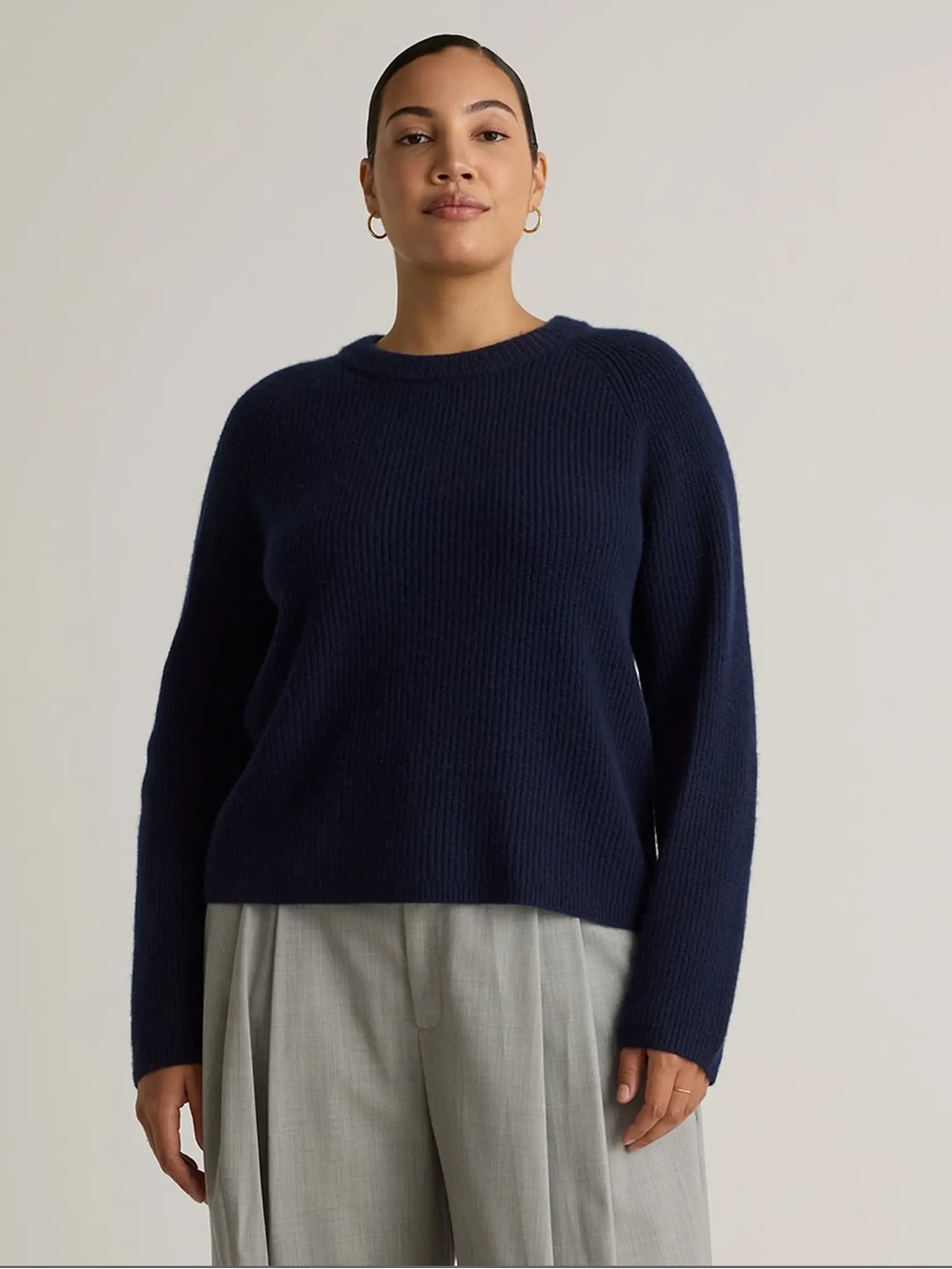 QUINCE Mongolian Cashmere Ribbed Fisherman Crew Neck Oversized Blue Sweater, XL